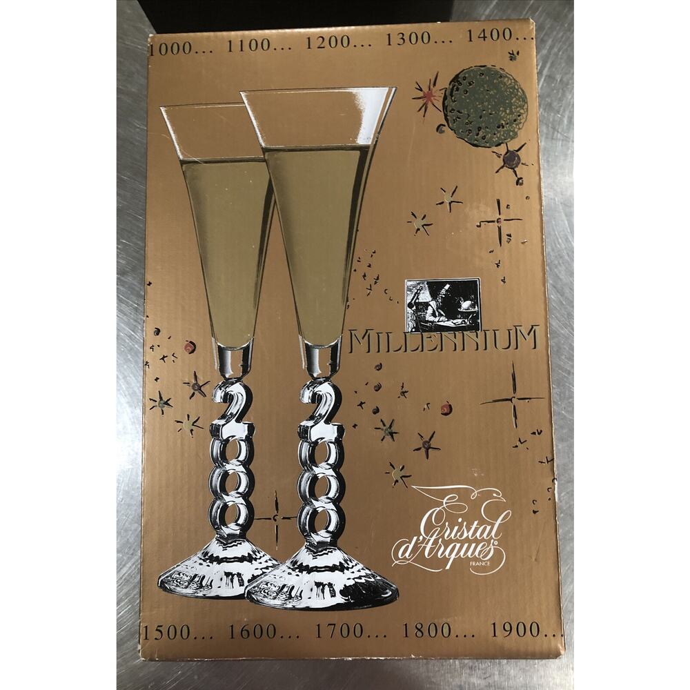 NIB "2000" CRISTAL D'ARQUES MILLENNIUM CRYSTAL FLUTE CHAMPAGNE WINE GLASSES
